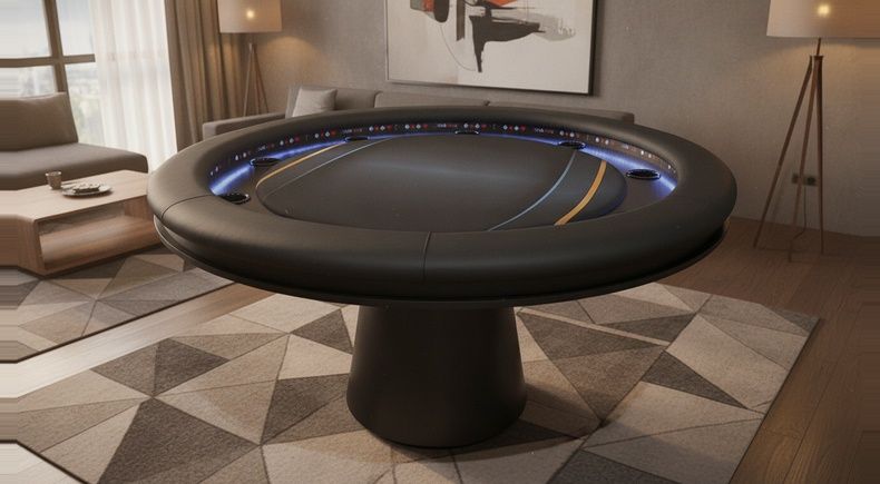 Mesa de Jogos Redonda 9 Lugares com LED Azul e Couro Legítimo - R21